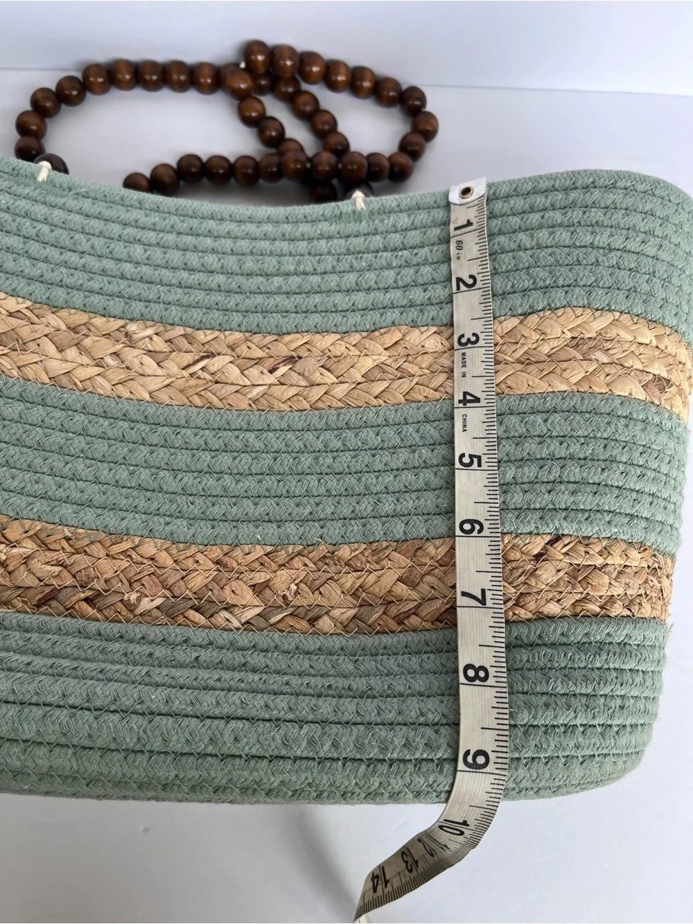 Woven Straw Blue Tote Bag Wood Beaded Handles